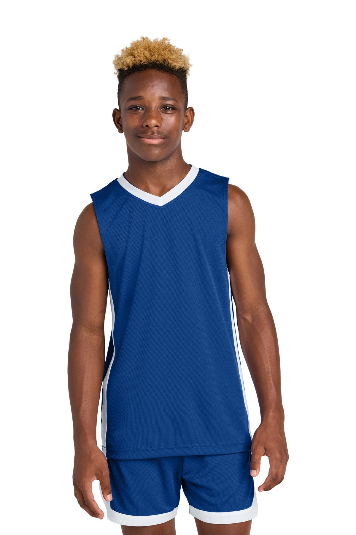 Sport-Tek Youth Rival Basketball Rev Jersey YST900 in True Royal/ White