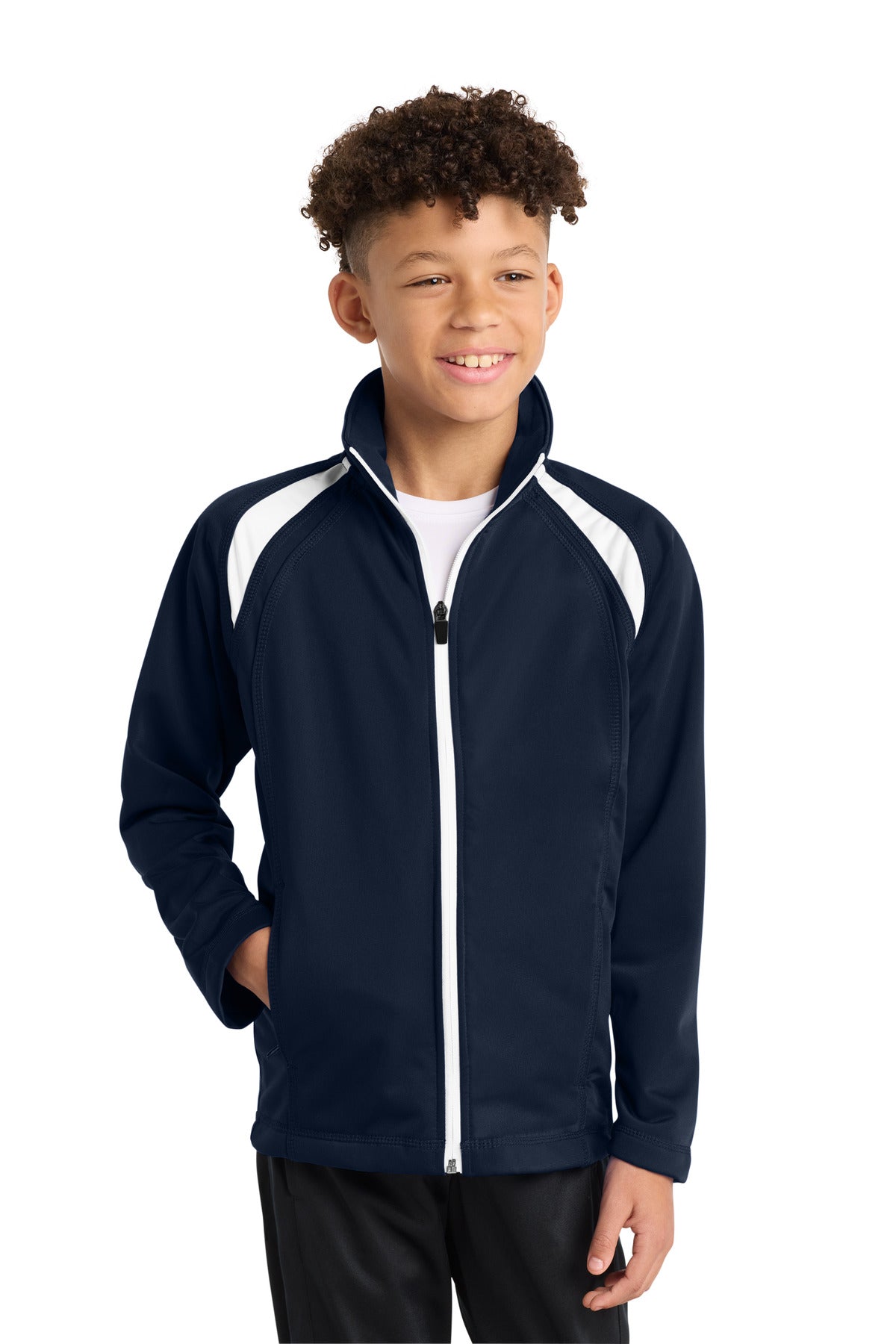 Sport-Tek Youth Tricot Track Jacket. YST90 in True Navy/ White