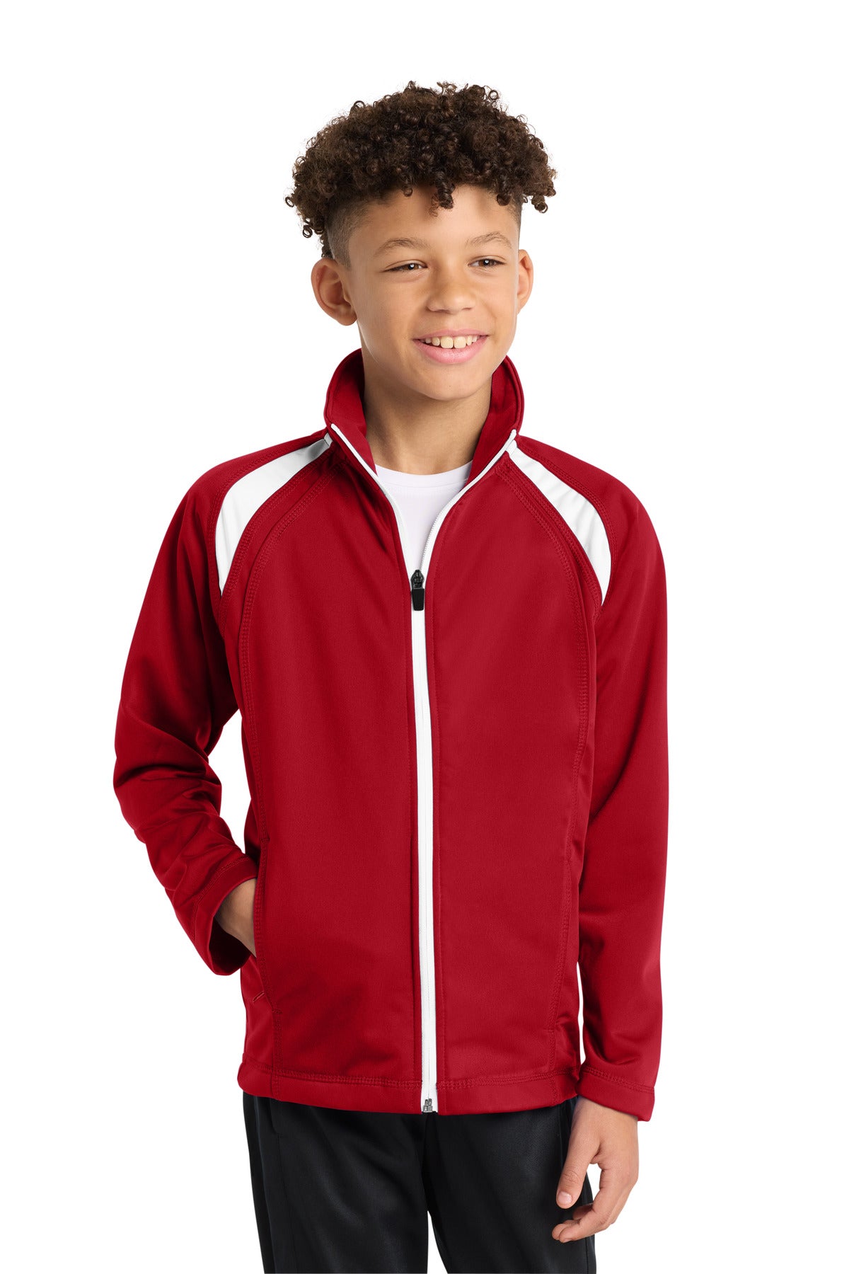 Sport-Tek Youth Tricot Track Jacket. YST90 in True Red/ White