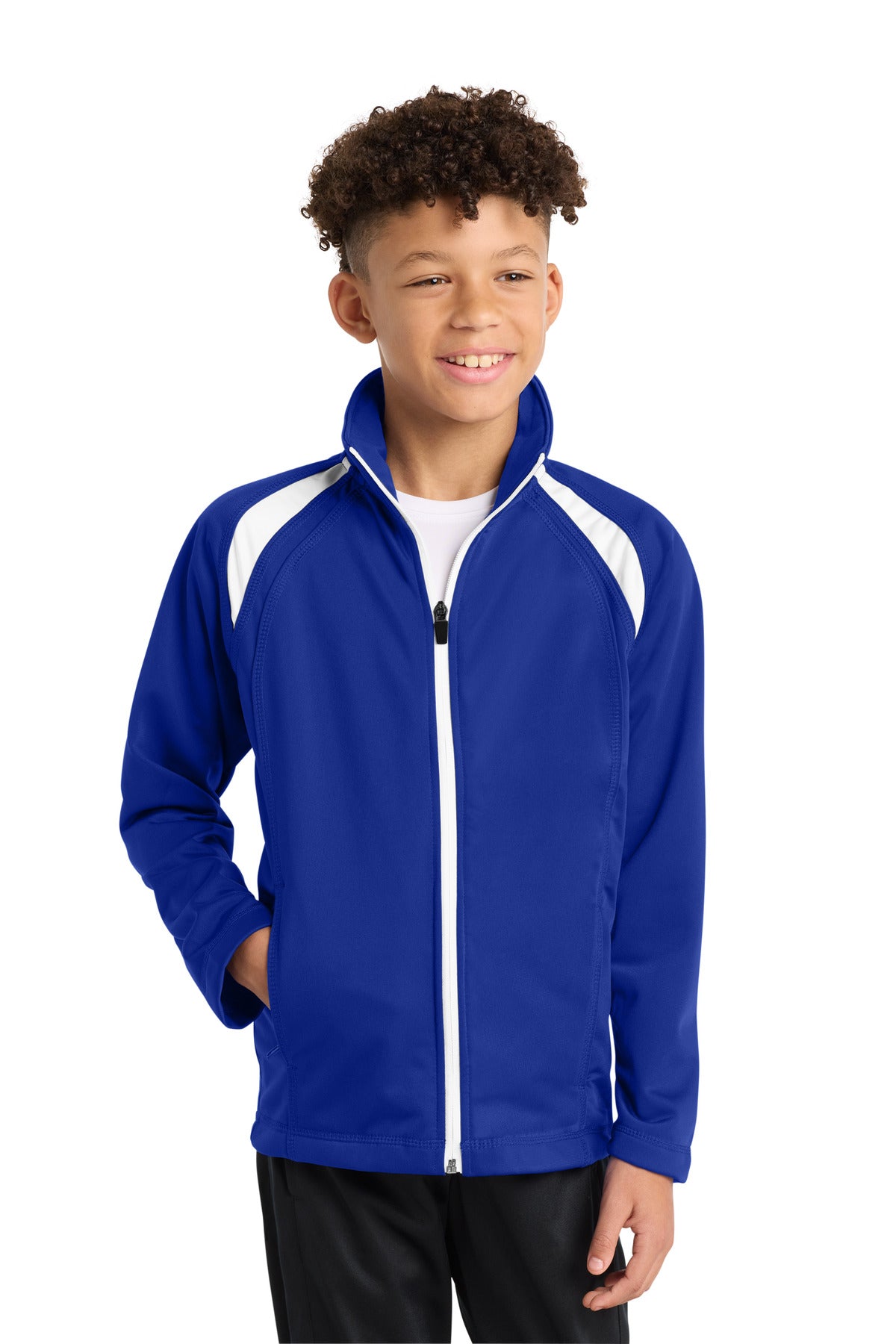 Sport-Tek Youth Tricot Track Jacket. YST90 in True Royal/ White