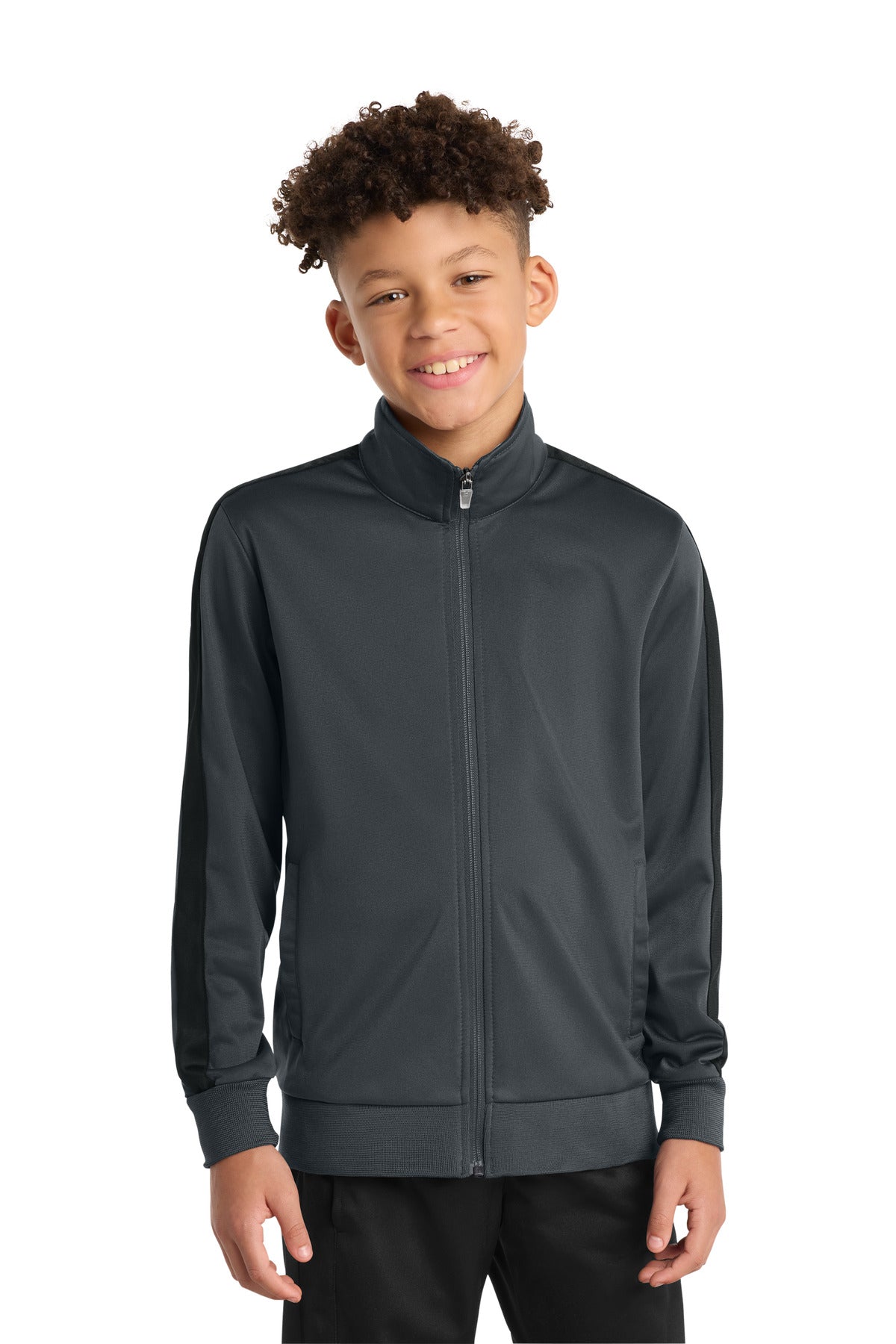 Sport-Tek  Youth Tricot Sleeve Stripe Track Jacket. YST94 in Graphite/ Black