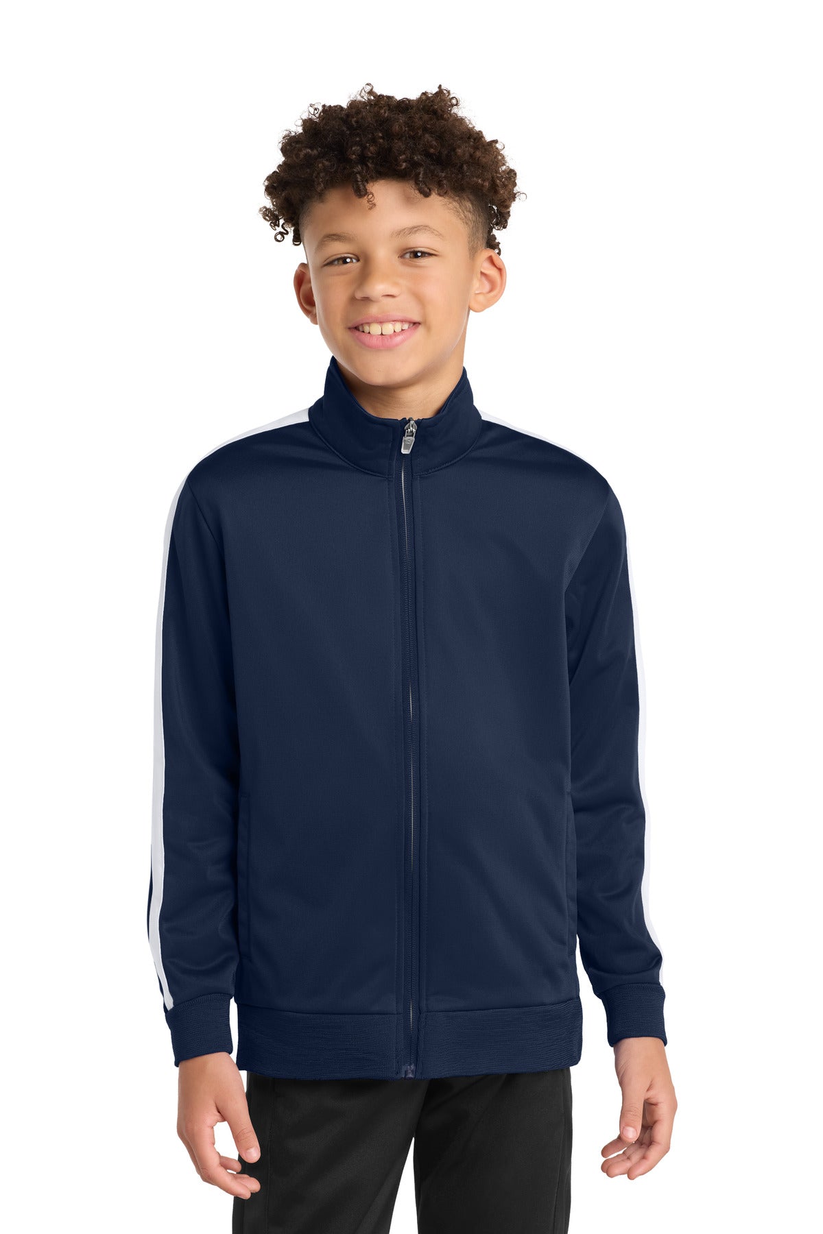 Sport-Tek  Youth Tricot Sleeve Stripe Track Jacket. YST94 in True Navy/ White