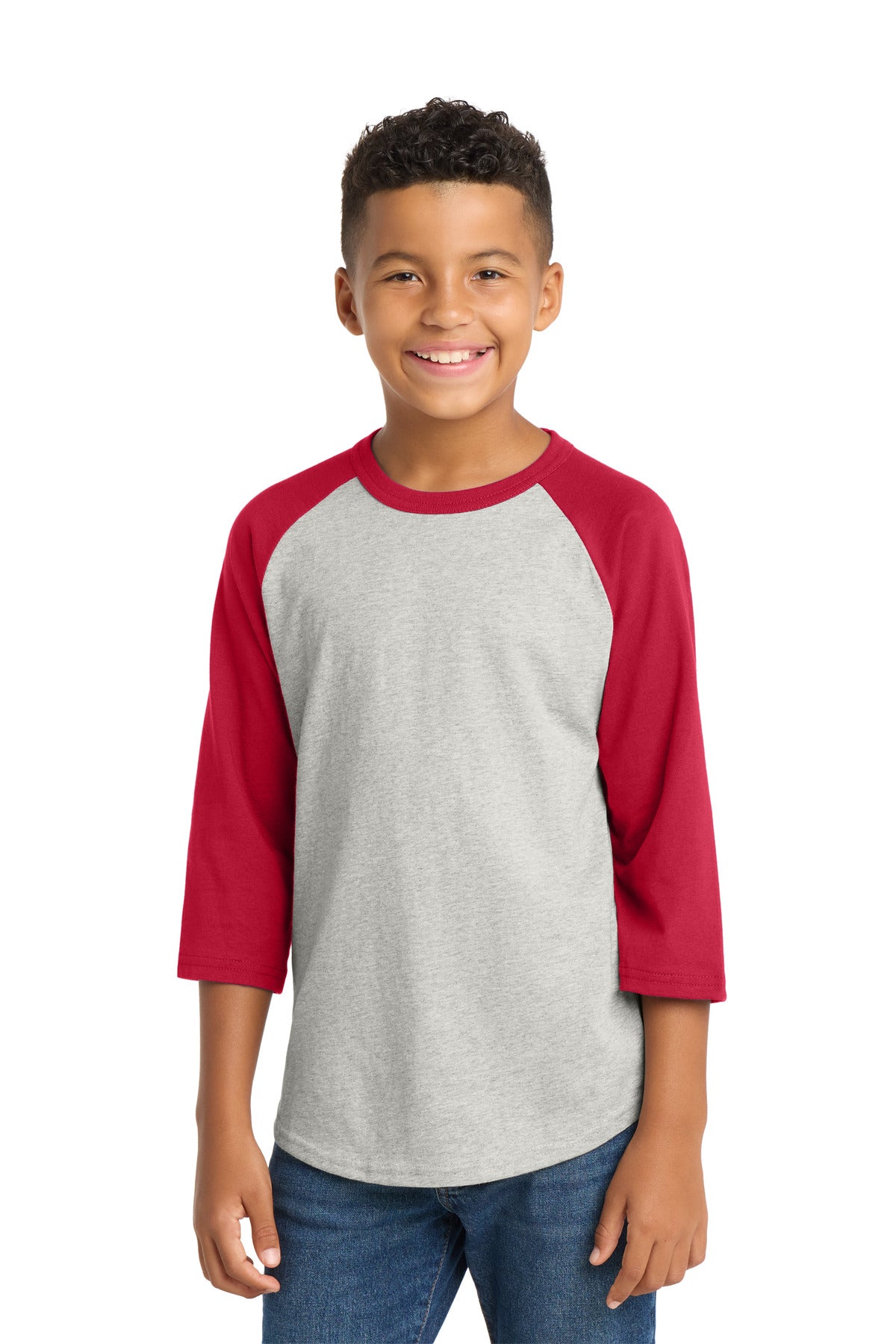 Sport-Tek Youth Colorblock Raglan Jersey.  YT200 in Heather Grey/ Red