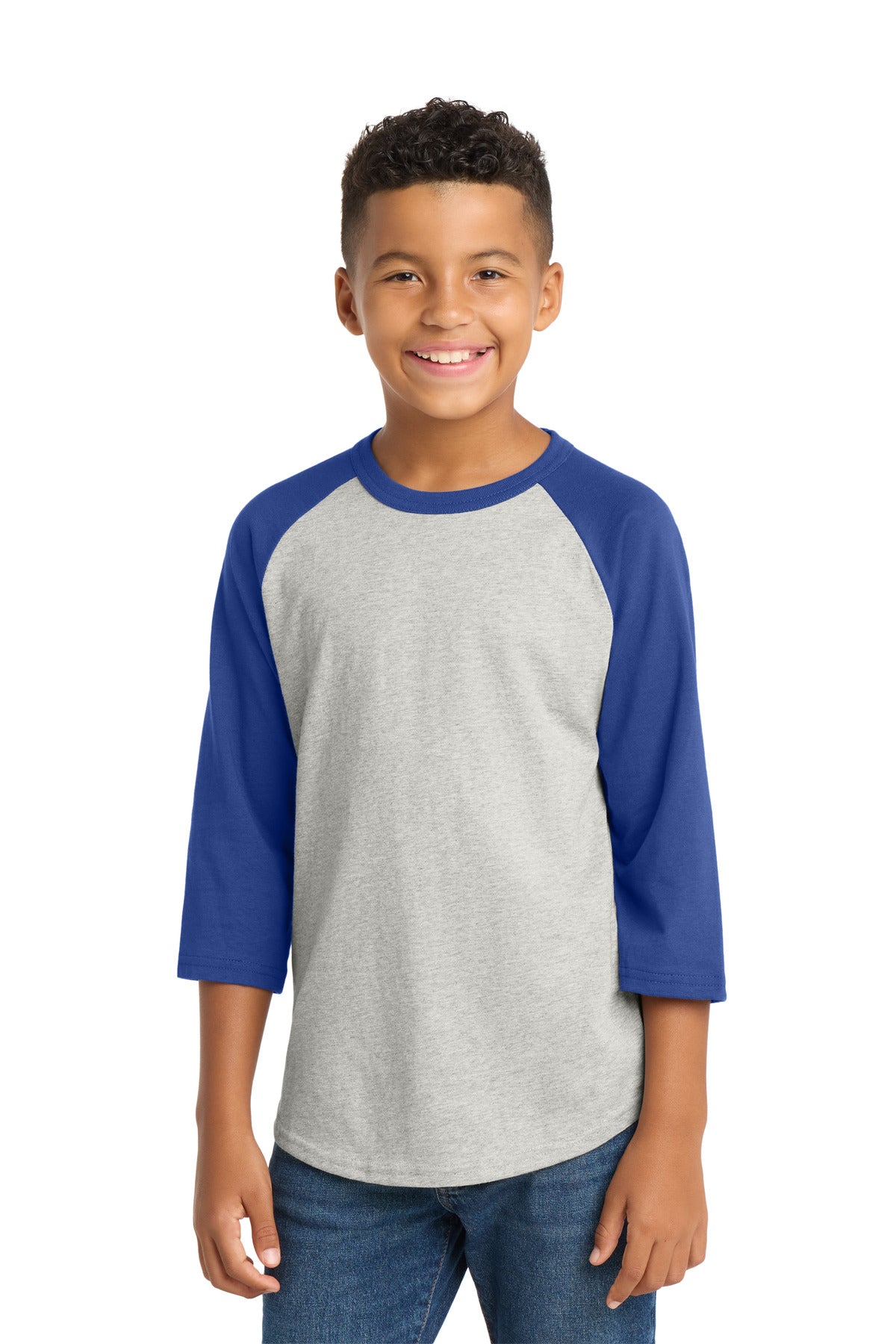 Sport-Tek Youth Colorblock Raglan Jersey.  YT200 in Heather Grey/ Royal