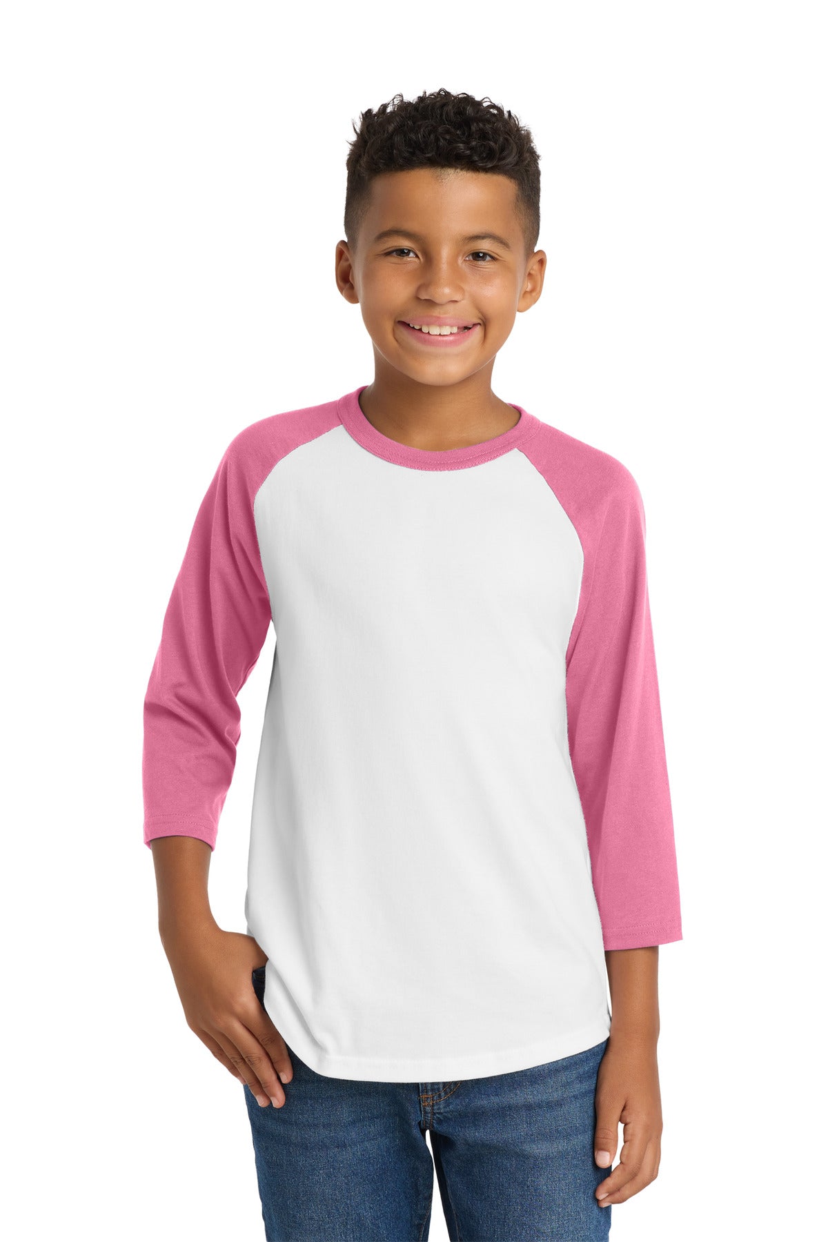 Sport-Tek Youth Colorblock Raglan Jersey.  YT200 in White/ Bright Pink