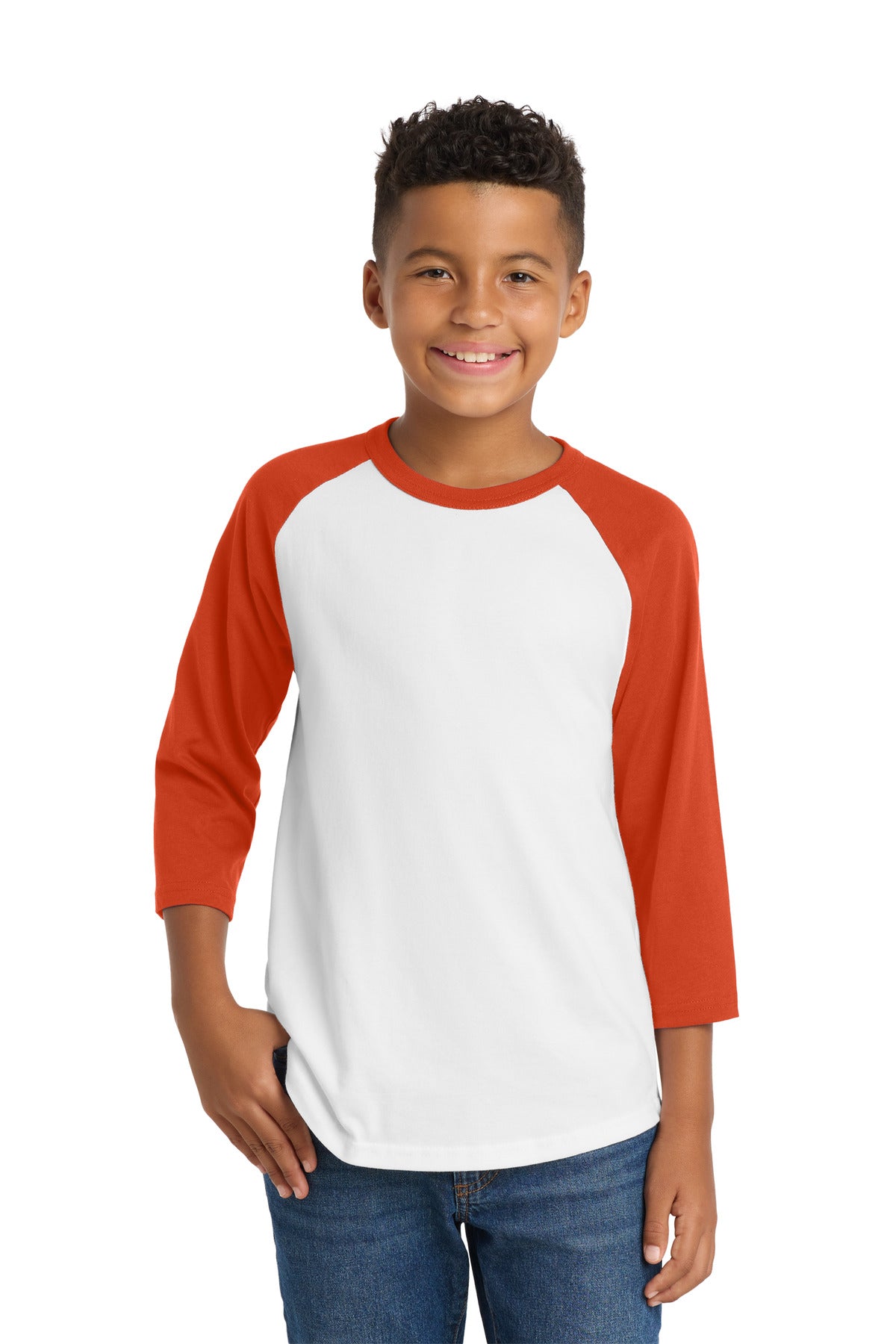 Sport-Tek Youth Colorblock Raglan Jersey.  YT200 in White/ Deep Orange
