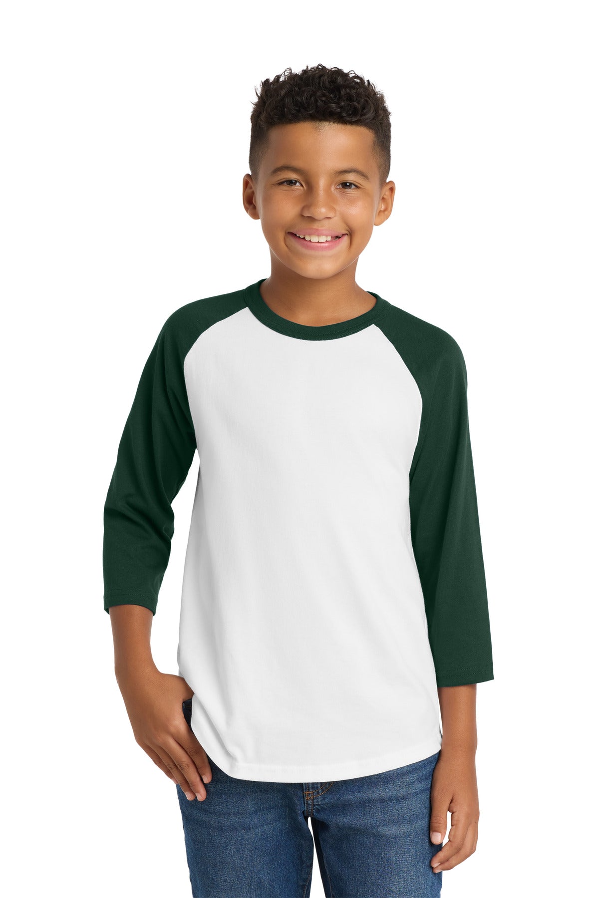 Sport-Tek Youth Colorblock Raglan Jersey.  YT200 in White/ Forest