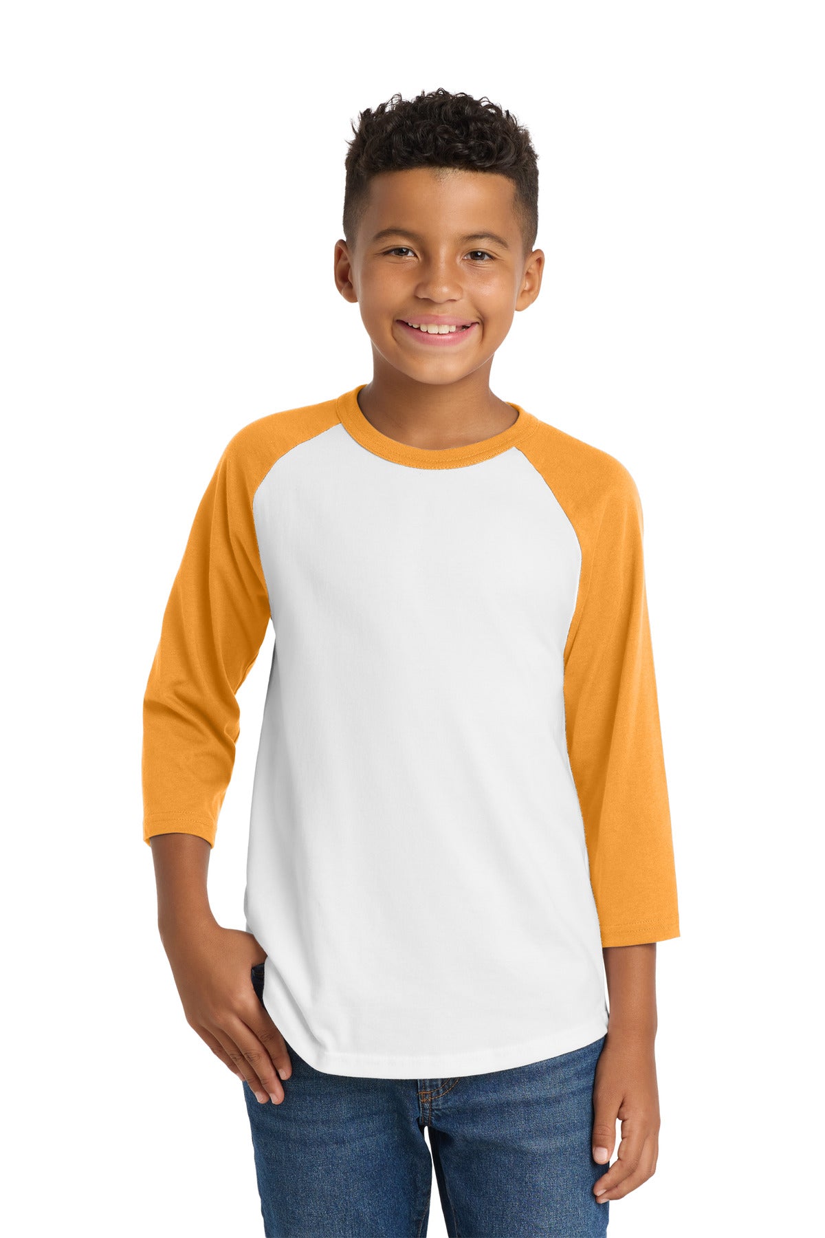 Sport-Tek Youth Colorblock Raglan Jersey.  YT200 in White/ Gold