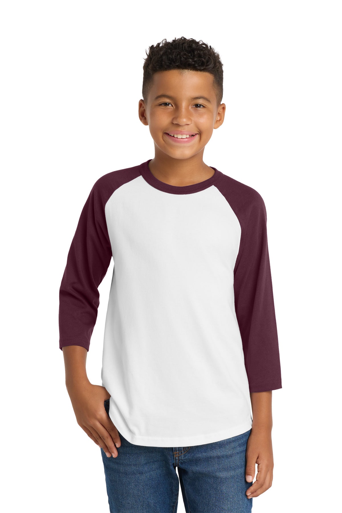 Sport-Tek Youth Colorblock Raglan Jersey.  YT200 in White/ Maroon