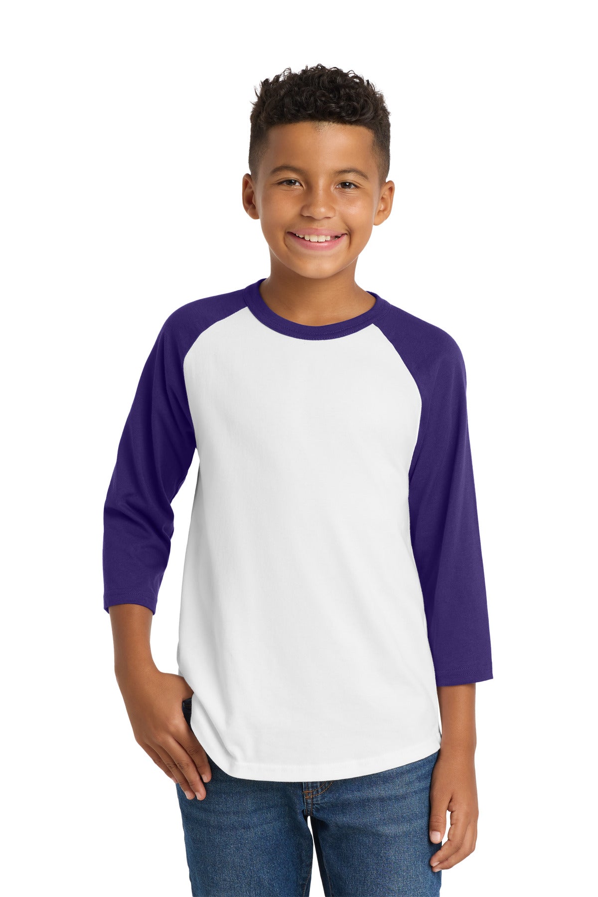 Sport-Tek Youth Colorblock Raglan Jersey.  YT200 in White/ Purple