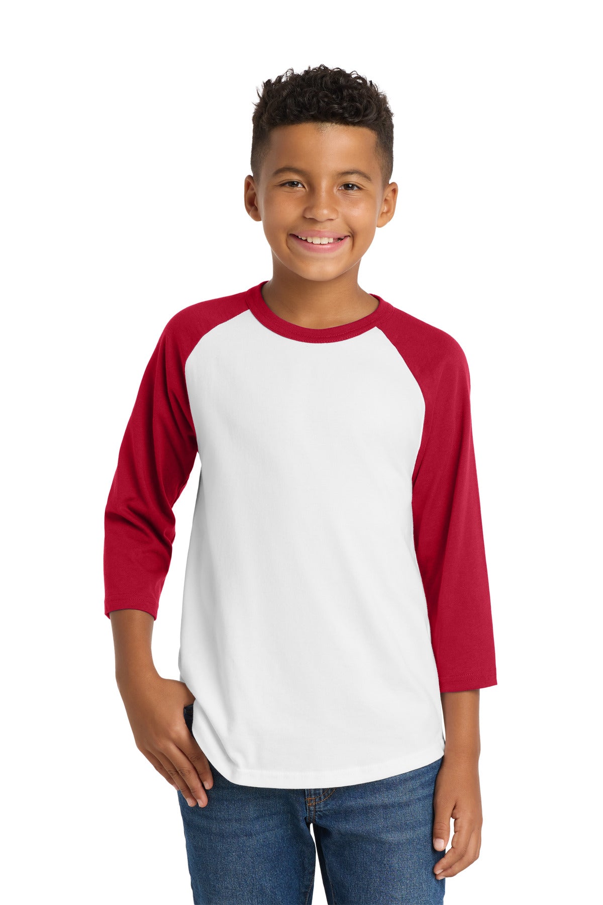 Sport-Tek Youth Colorblock Raglan Jersey.  YT200 in White/ Red