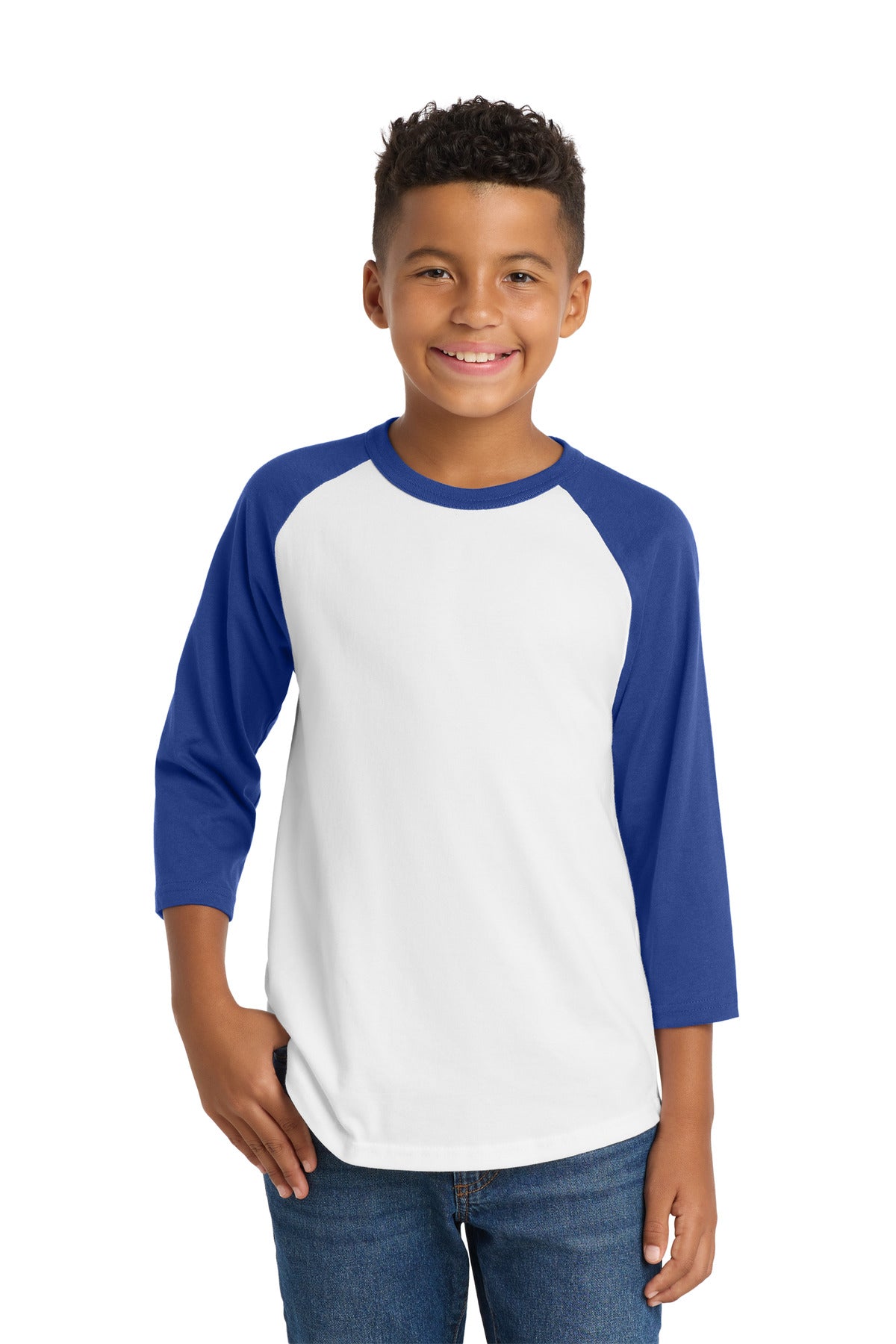 Sport-Tek Youth Colorblock Raglan Jersey.  YT200 in White/ Royal